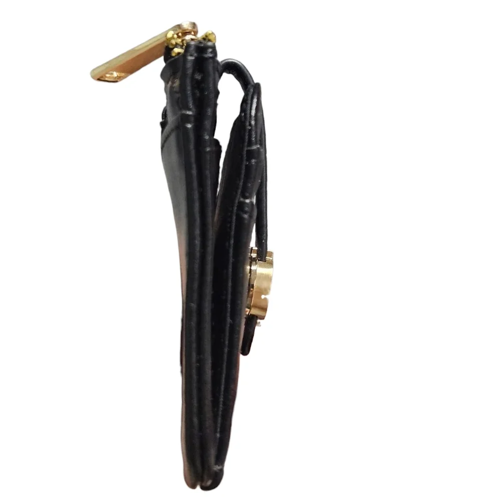 Black Faux Leather Slim Card Holder Wallet with Gold Hardware & ID Window